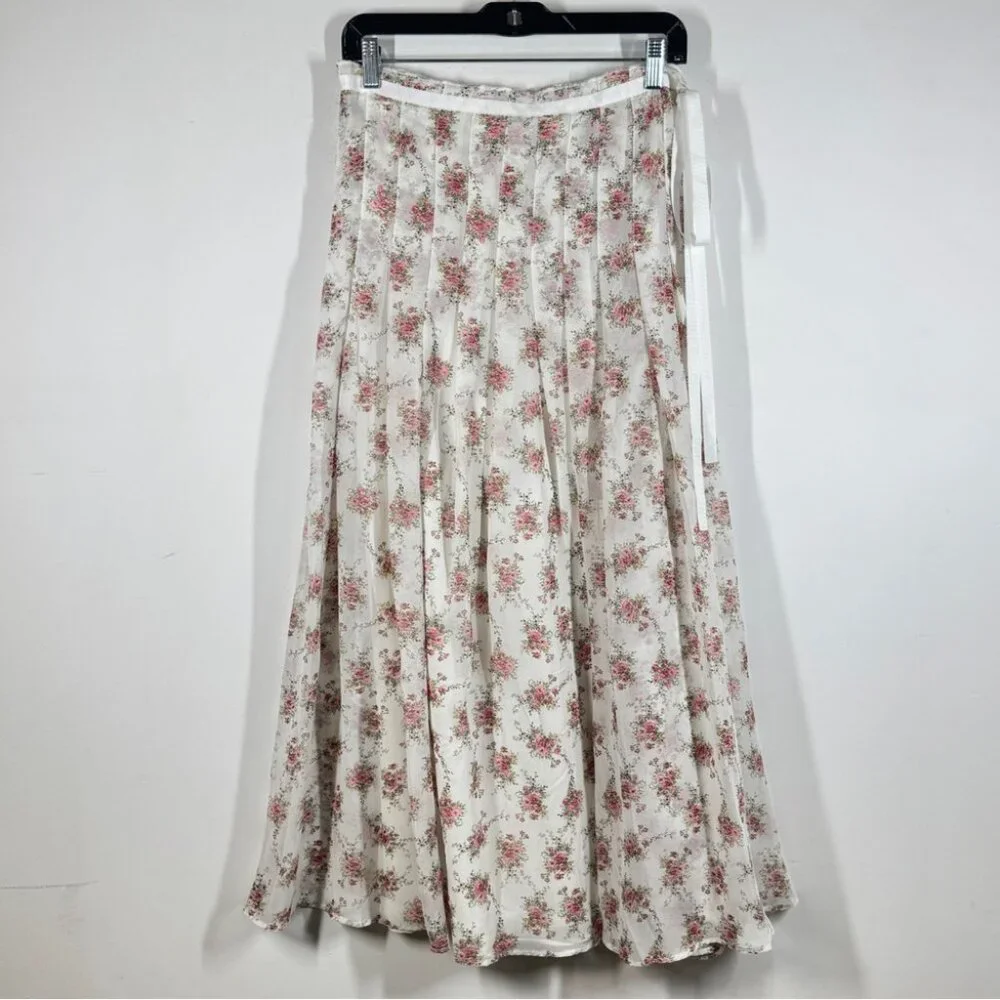 Frime White Floral Pleated Midi Skirt Size L Romantic Cottagecore Flowy Vintage - Picture 2 of 13
